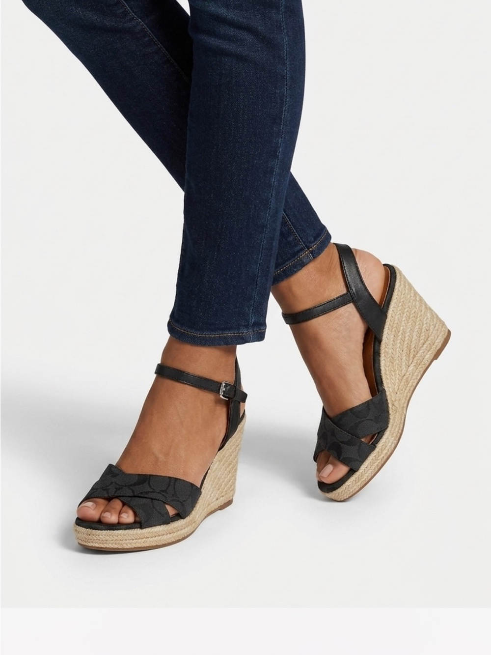 Coach Black Espadrille Wedge Sandals with Ankle Strap